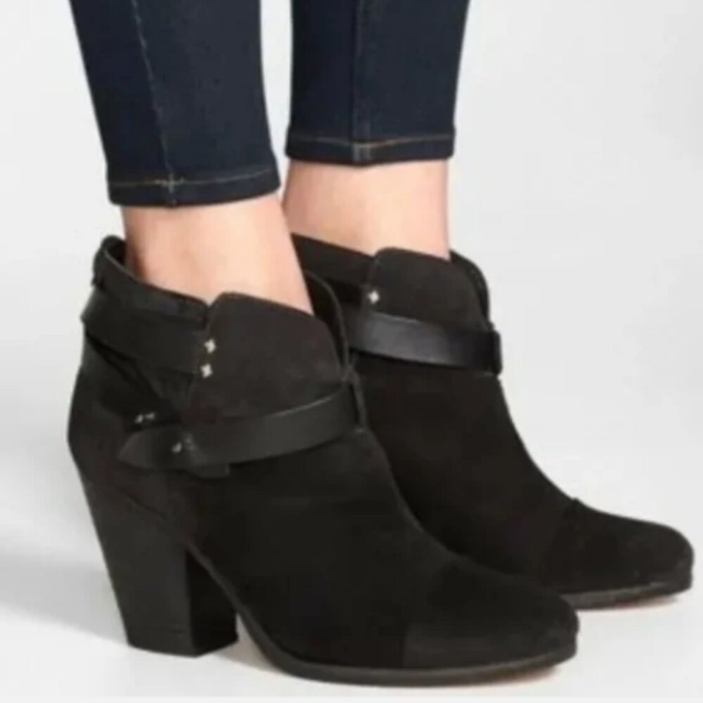 Rag & Bone Harrow Black Suede Leather Ankle Boots Chunky Stacked Heel Sz39